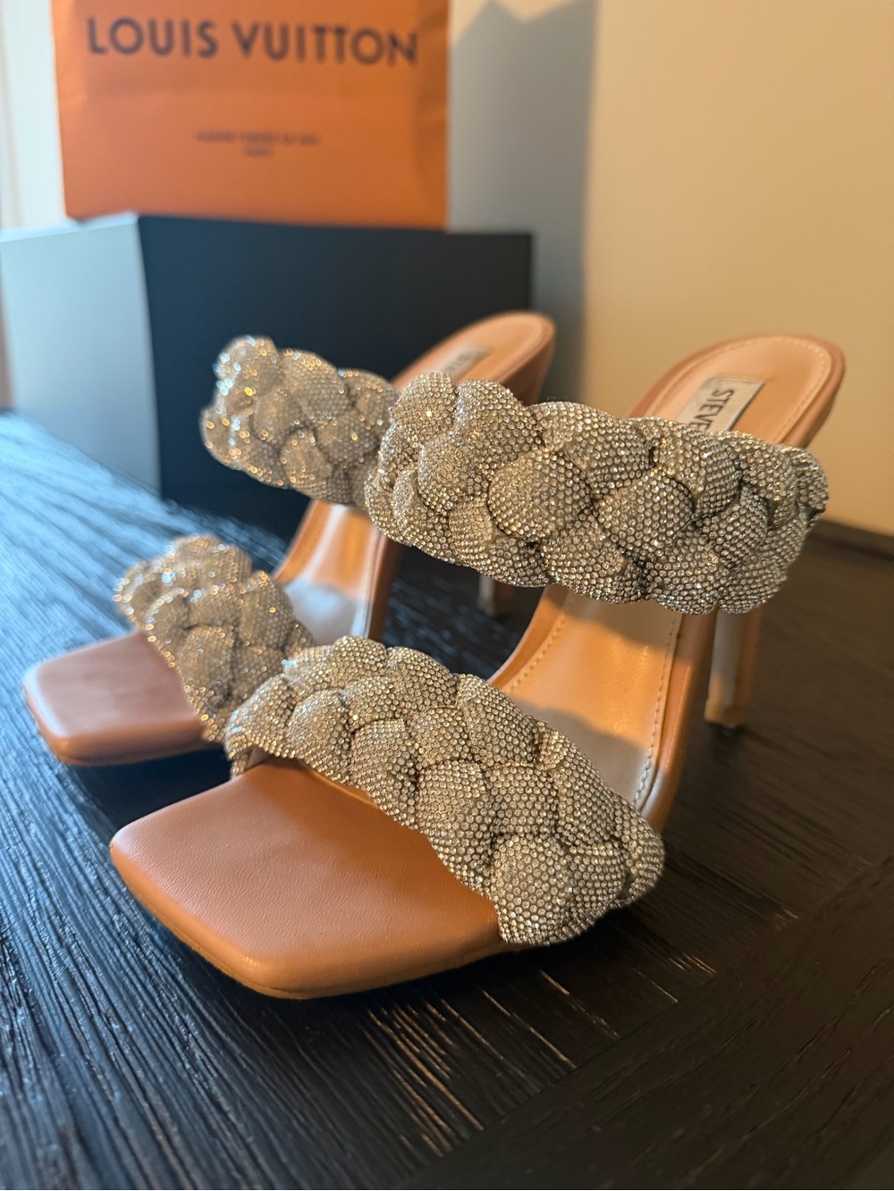 Steve Madden Silver Braided Crystal Strap Heeled Sandals